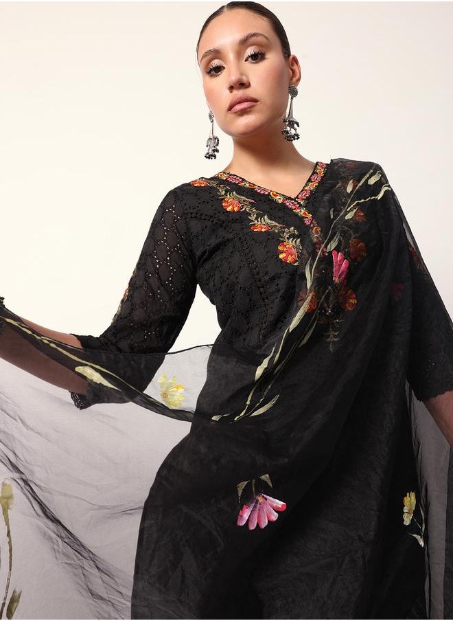 Women's Black Cotton Textured Tunic Full Palazzo Regular Fit Kurta Set