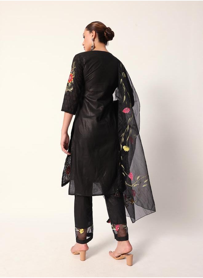 Women's Black Cotton Textured Tunic Full Palazzo Regular Fit Kurta Set
