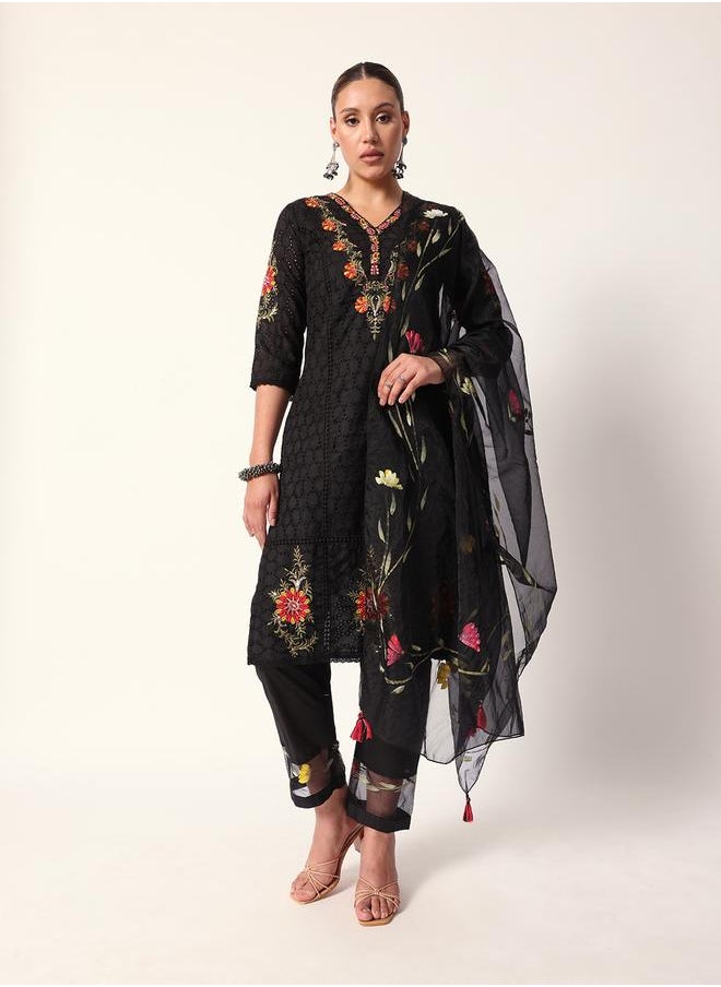 Women's Black Cotton Textured Tunic Full Palazzo Regular Fit Kurta Set