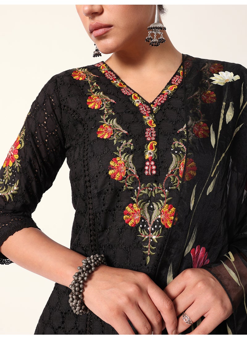 Women's Black Cotton Textured Tunic Full Palazzo Regular Fit Kurta Set