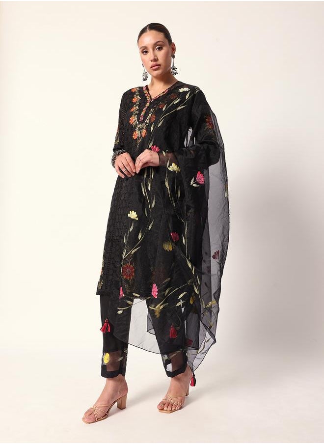 Women's Black Cotton Textured Tunic Full Palazzo Regular Fit Kurta Set