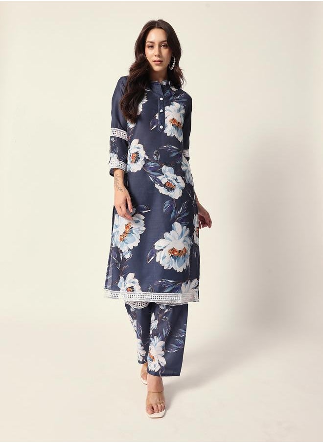 Women's Teal Blue Muslin Textured Tunic Full Palazzo Regular Fit Kurta Set