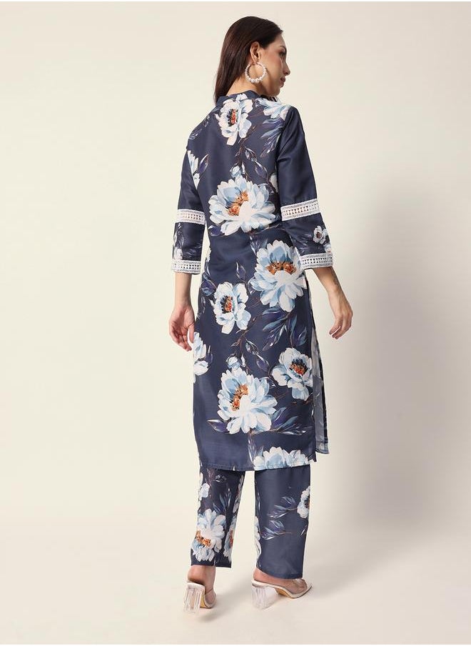 Women's Teal Blue Muslin Textured Tunic Full Palazzo Regular Fit Kurta Set