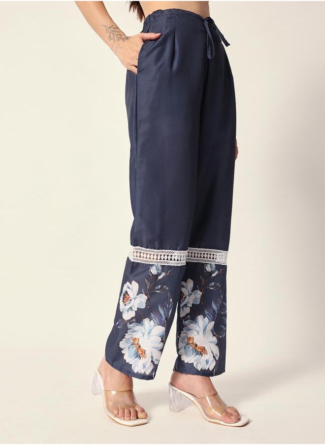 Women's Teal Blue Muslin Textured Tunic Full Palazzo Regular Fit Kurta Set