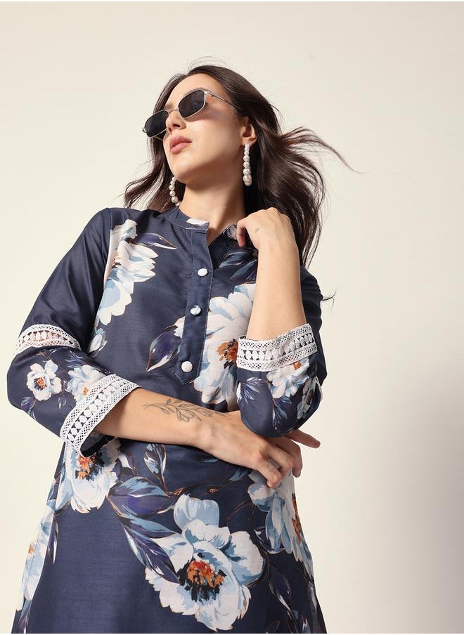 Women's Teal Blue Muslin Textured Tunic Full Palazzo Regular Fit Kurta Set