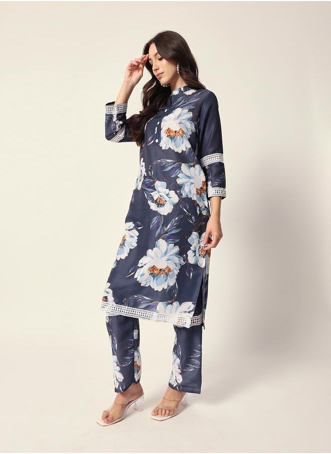 Women's Teal Blue Muslin Textured Tunic Full Palazzo Regular Fit Kurta Set