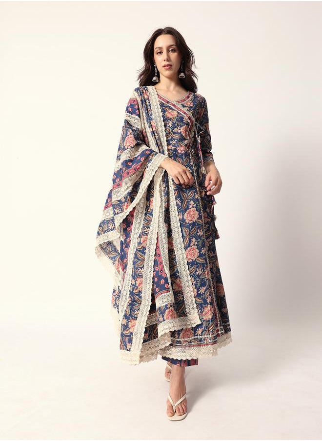 Women's Blue Cotton Textured Tunic Full Palazzo Regular Fit Kurta Set