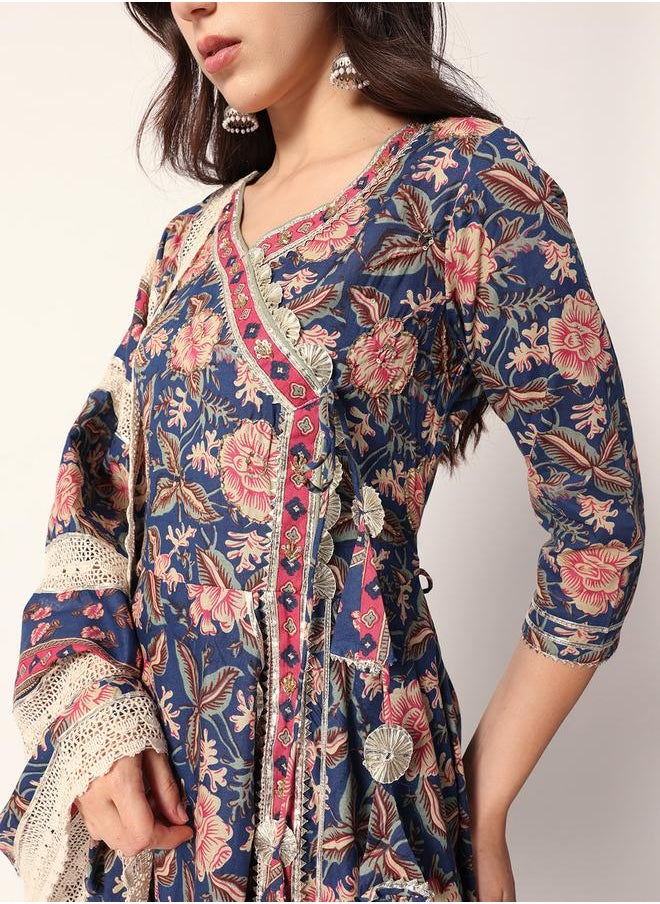Women's Blue Cotton Textured Tunic Full Palazzo Regular Fit Kurta Set