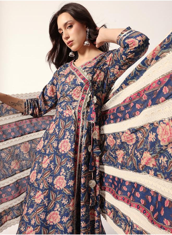 Women's Blue Cotton Textured Tunic Full Palazzo Regular Fit Kurta Set