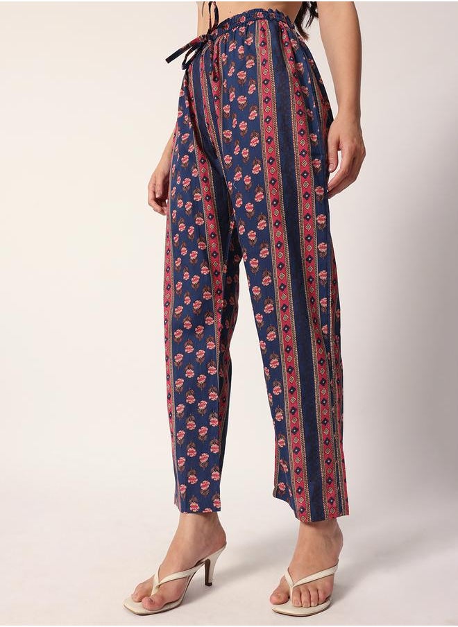 Women's Blue Cotton Textured Tunic Full Palazzo Regular Fit Kurta Set