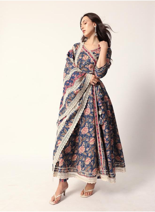 Women's Blue Cotton Textured Tunic Full Palazzo Regular Fit Kurta Set