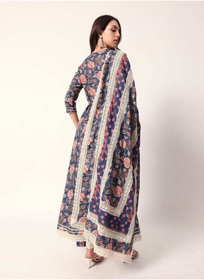 Women's Blue Cotton Textured Tunic Full Palazzo Regular Fit Kurta Set