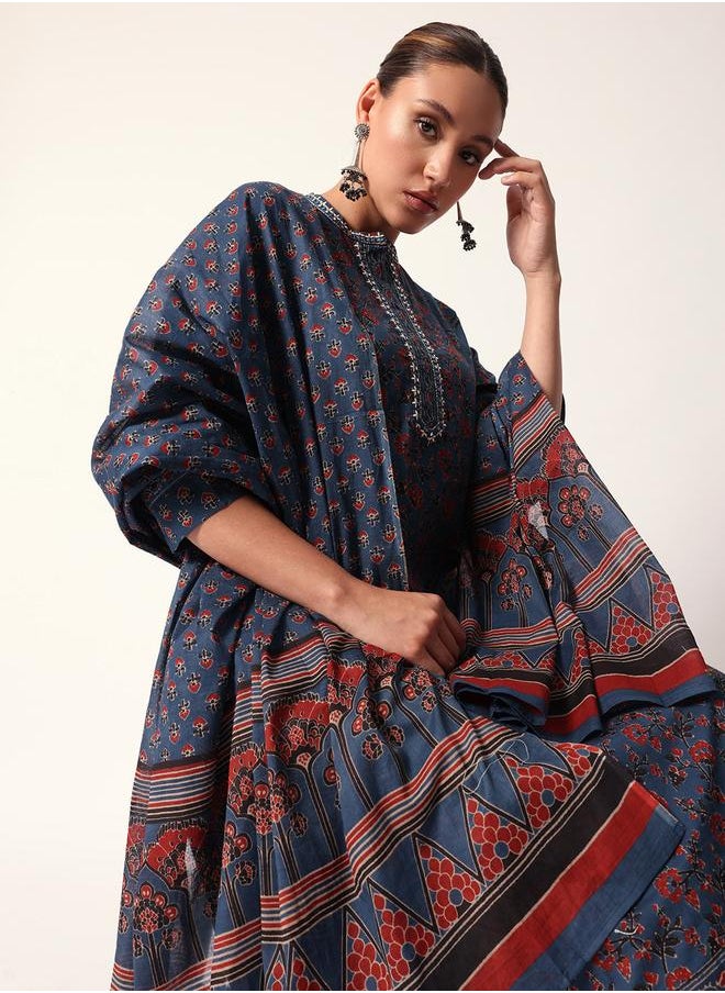 Women's Blue Cotton Textured Tunic Full Palazzo Regular Fit Kurta Set
