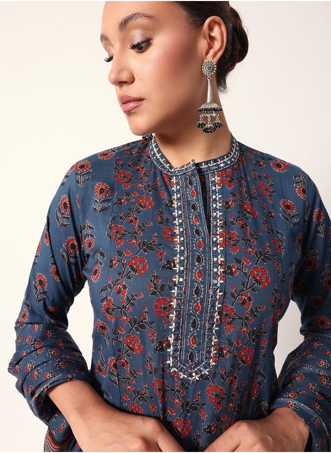 Women's Blue Cotton Textured Tunic Full Palazzo Regular Fit Kurta Set