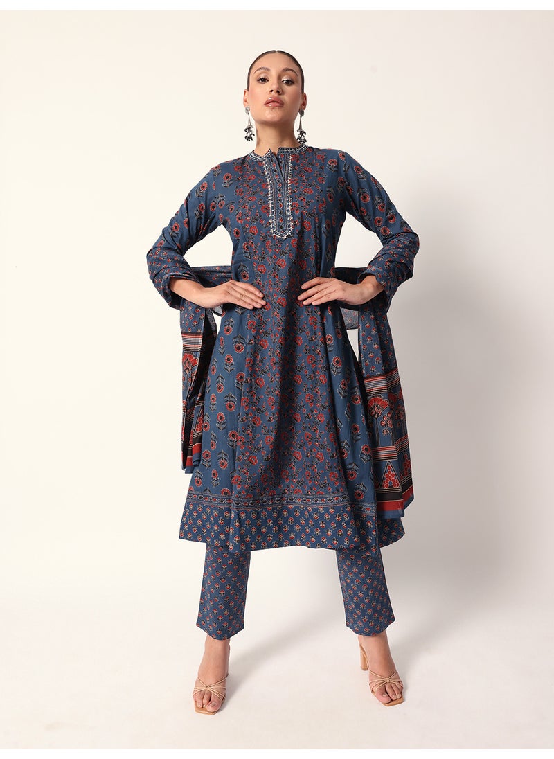 Women's Blue Cotton Textured Tunic Full Palazzo Regular Fit Kurta Set
