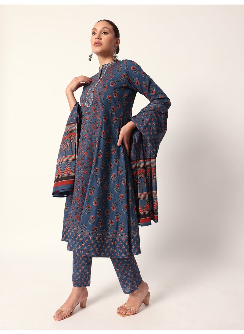 Women's Blue Cotton Textured Tunic Full Palazzo Regular Fit Kurta Set