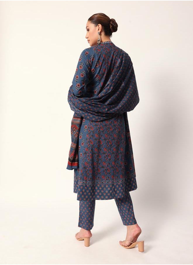 Women's Blue Cotton Textured Tunic Full Palazzo Regular Fit Kurta Set