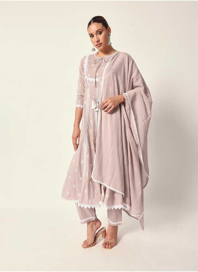Women's Beige Cotton Textured Tunic Full Palazzo Regular Fit Kurta Set
