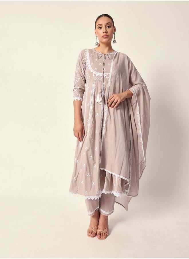 Women's Beige Cotton Textured Tunic Full Palazzo Regular Fit Kurta Set