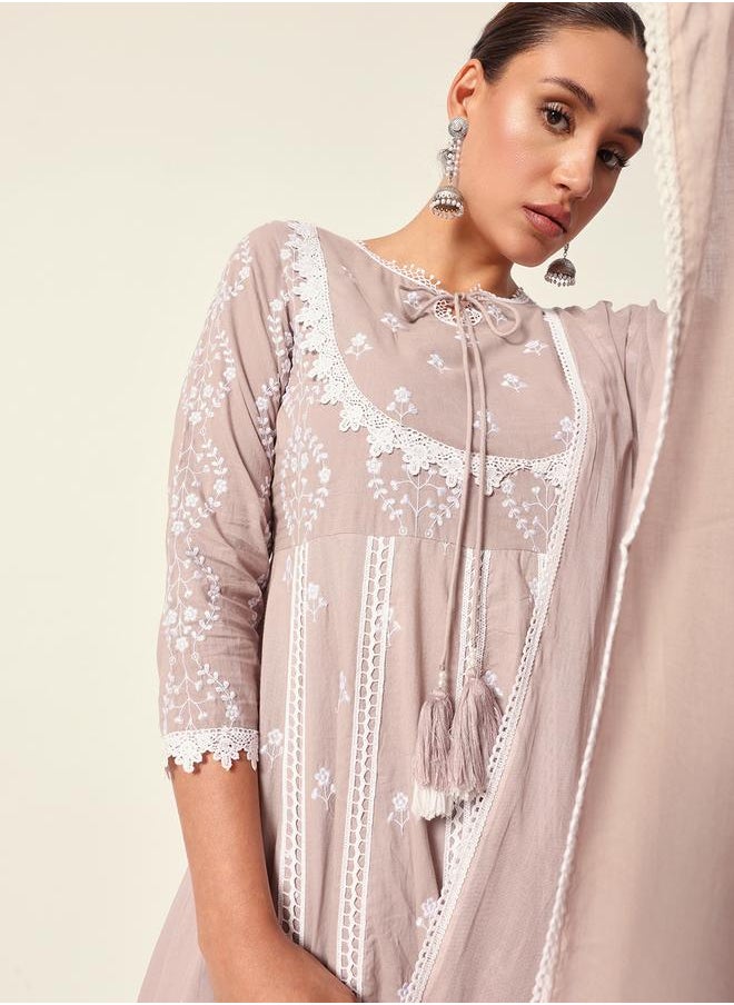 Women's Beige Cotton Textured Tunic Full Palazzo Regular Fit Kurta Set