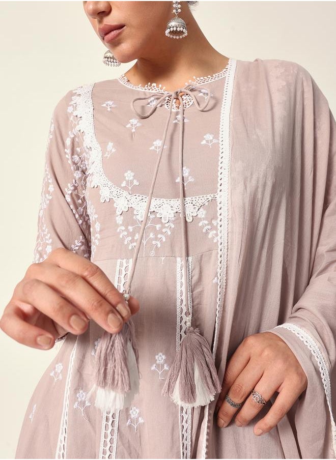 Women's Beige Cotton Textured Tunic Full Palazzo Regular Fit Kurta Set