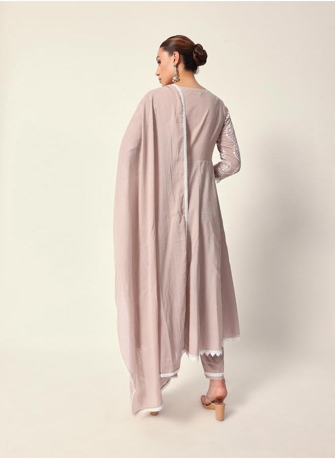 Women's Beige Cotton Textured Tunic Full Palazzo Regular Fit Kurta Set