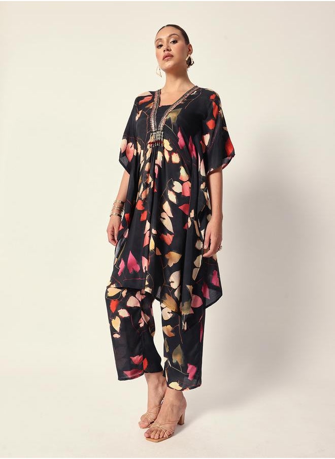 Women's Black Muslin Textured Kaftan Full Palazzo Regular Fit Kurta Set