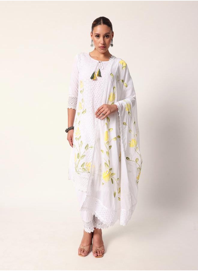 Women's White Cotton Textured Tunic Full Palazzo Regular Fit Kurta Set