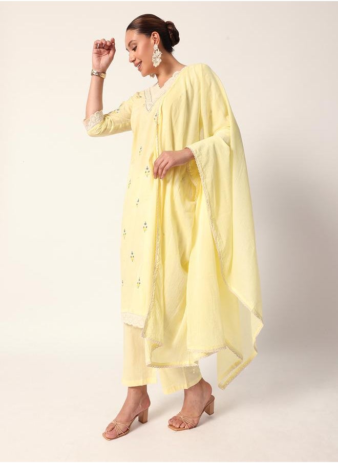 Women's Yellow Cotton Textured Tunic Full Palazzo Regular Fit Kurta Set