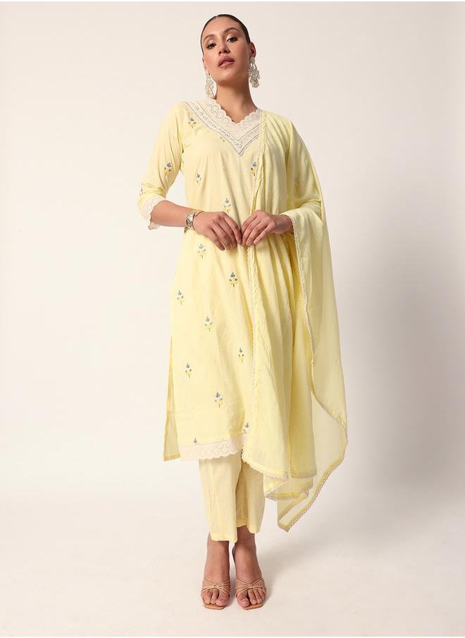 Women's Yellow Cotton Textured Tunic Full Palazzo Regular Fit Kurta Set