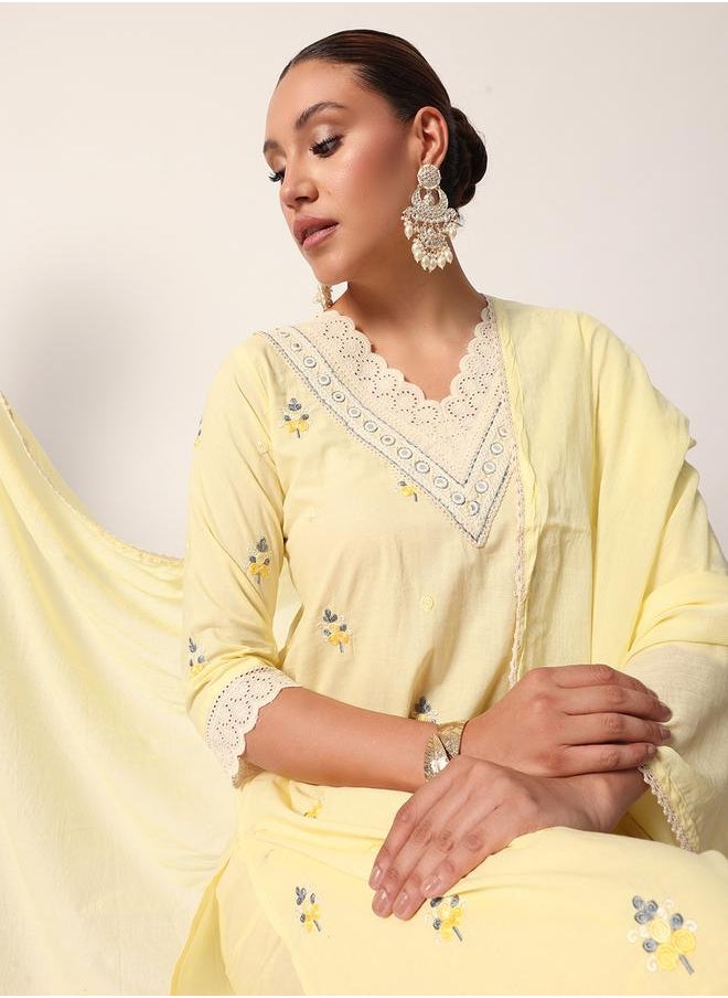 Women's Yellow Cotton Textured Tunic Full Palazzo Regular Fit Kurta Set