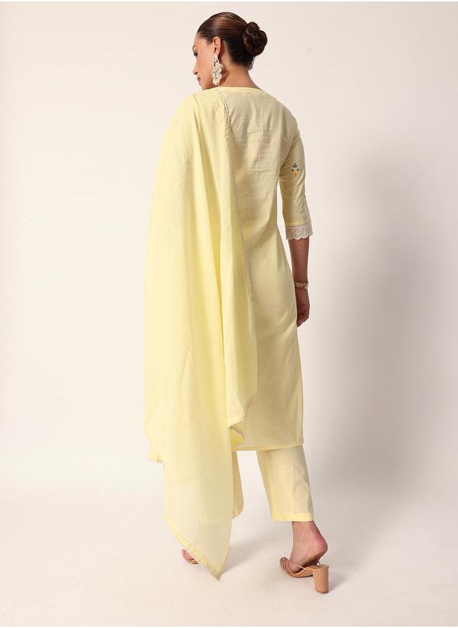 Women's Yellow Cotton Textured Tunic Full Palazzo Regular Fit Kurta Set