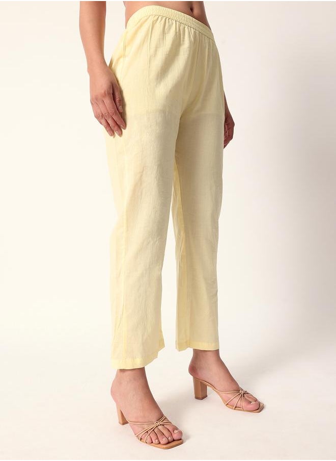 Women's Yellow Cotton Textured Tunic Full Palazzo Regular Fit Kurta Set