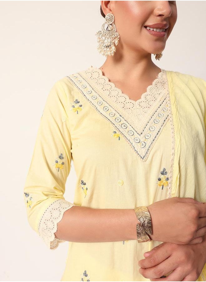Women's Yellow Cotton Textured Tunic Full Palazzo Regular Fit Kurta Set