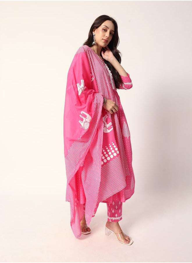 Women's Pink Cotton Textured Tunic Full Palazzo Regular Fit Kurta Set