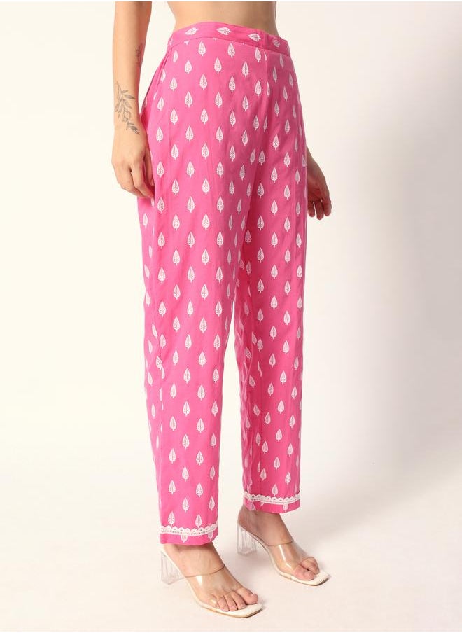 Women's Pink Cotton Textured Tunic Full Palazzo Regular Fit Kurta Set