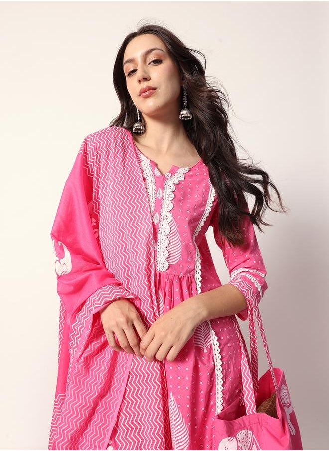 Women's Pink Cotton Textured Tunic Full Palazzo Regular Fit Kurta Set