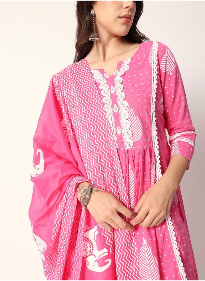Women's Pink Cotton Textured Tunic Full Palazzo Regular Fit Kurta Set