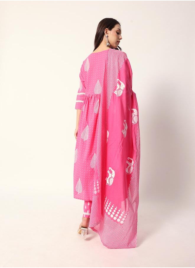 Women's Pink Cotton Textured Tunic Full Palazzo Regular Fit Kurta Set