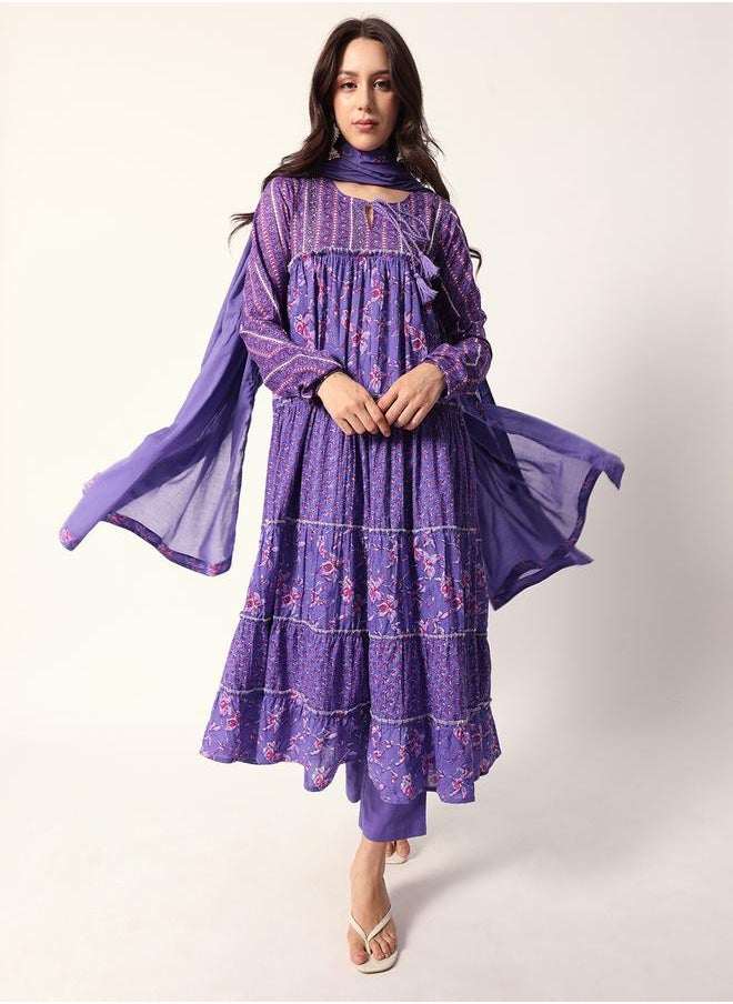 Women's Lilac Cotton Textured Tunic Full Palazzo Regular Fit Kurta Set