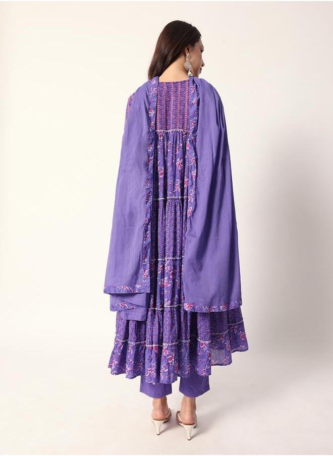 Women's Lilac Cotton Textured Tunic Full Palazzo Regular Fit Kurta Set