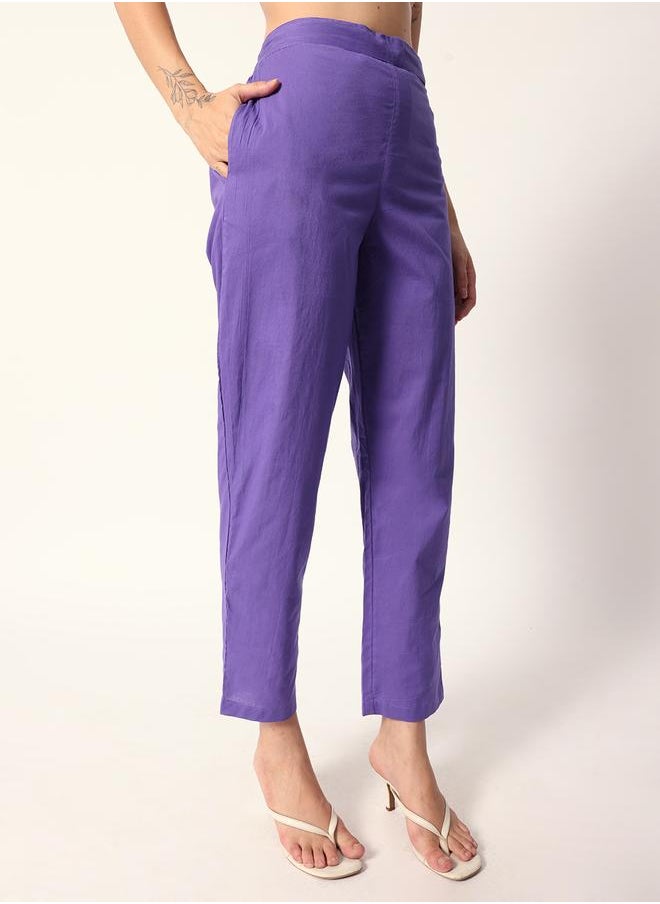 Women's Lilac Cotton Textured Tunic Full Palazzo Regular Fit Kurta Set