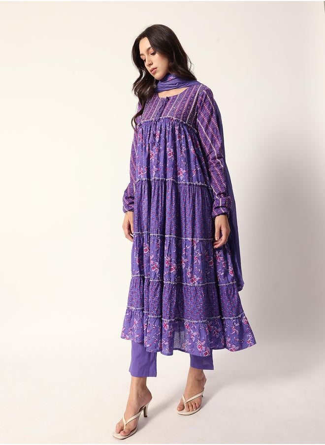 Women's Lilac Cotton Textured Tunic Full Palazzo Regular Fit Kurta Set