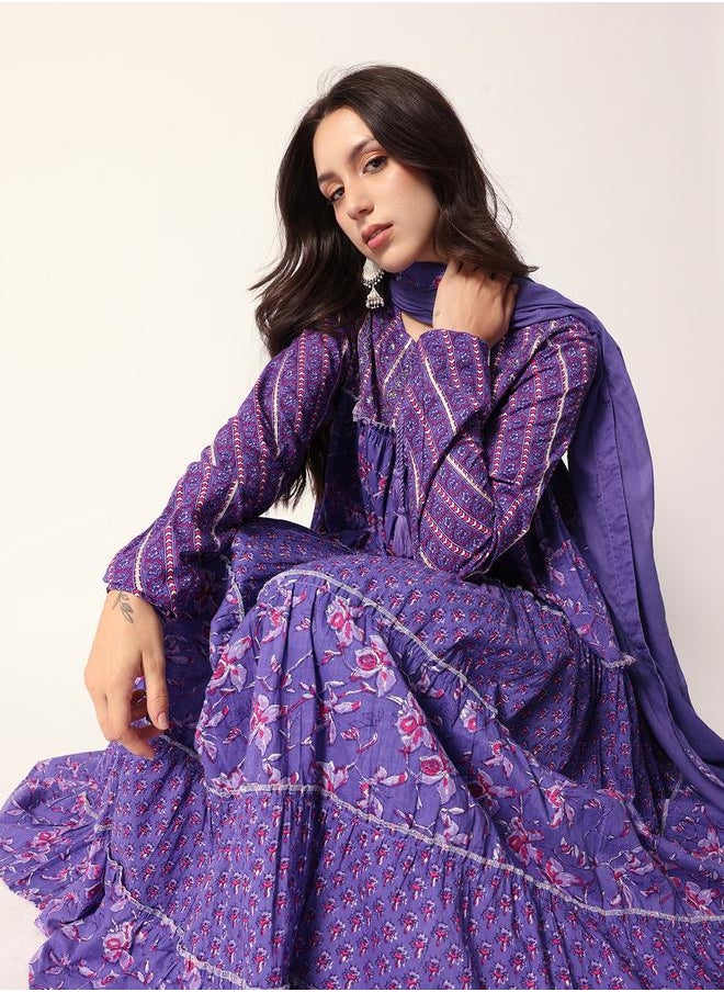 Women's Lilac Cotton Textured Tunic Full Palazzo Regular Fit Kurta Set