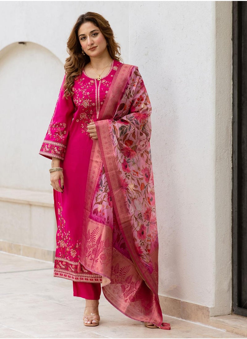 Women's Pink Modal Muslin Printed Tunic Full Length Casual Straight Fit Kurta Set