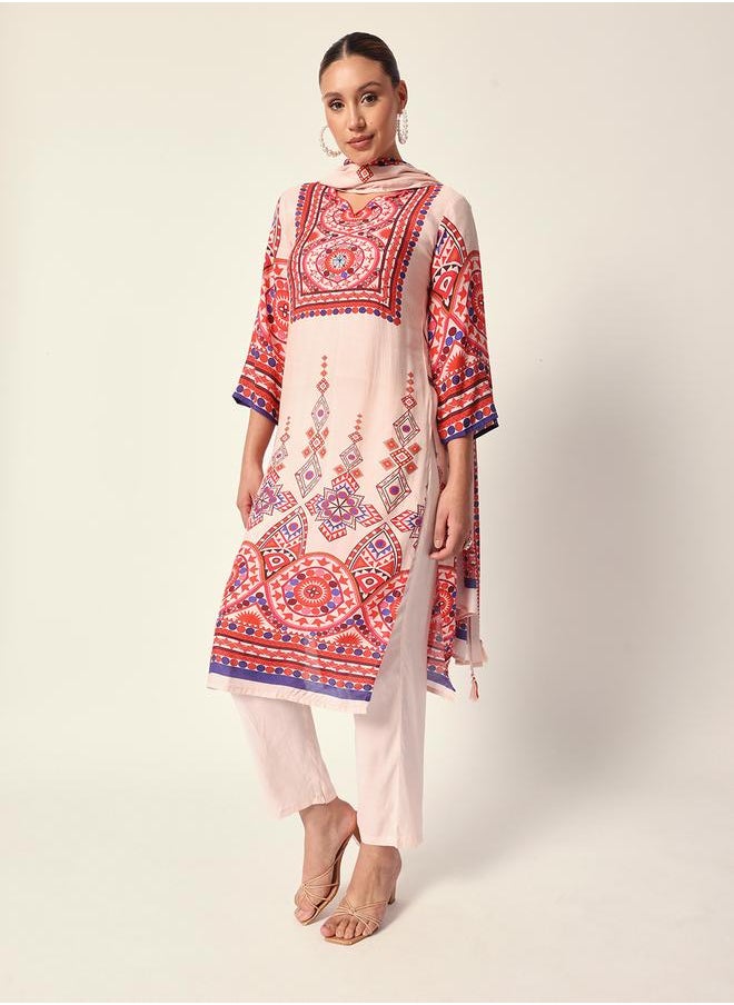 Women's Off White Muslin Textured Tunic Full Palazzo Regular Fit Kurta Set