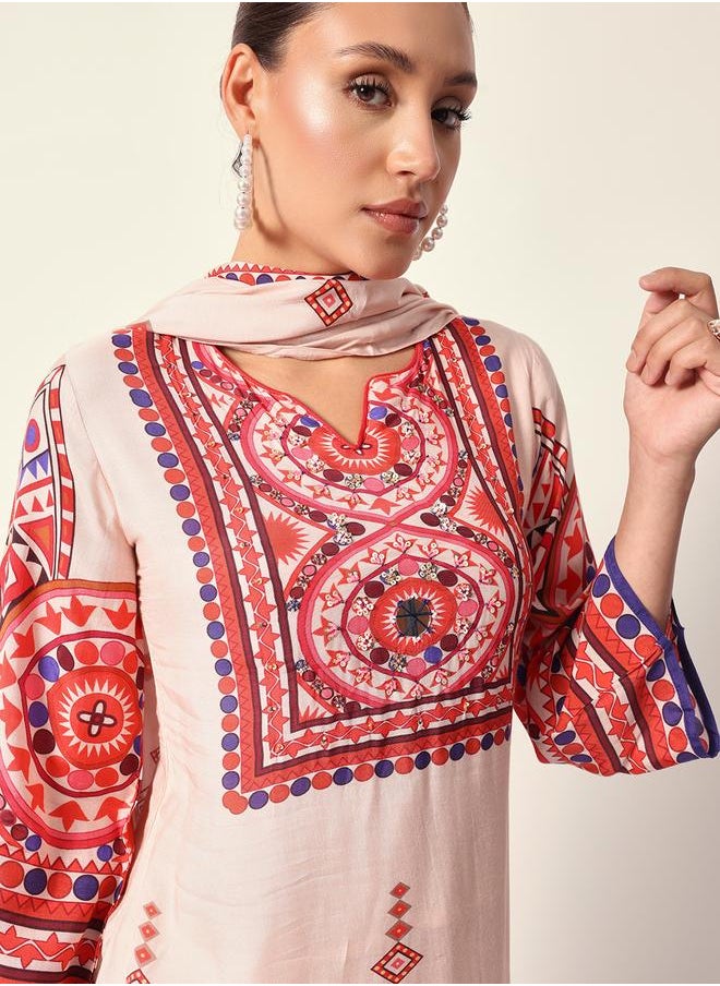 Women's Off White Muslin Textured Tunic Full Palazzo Regular Fit Kurta Set
