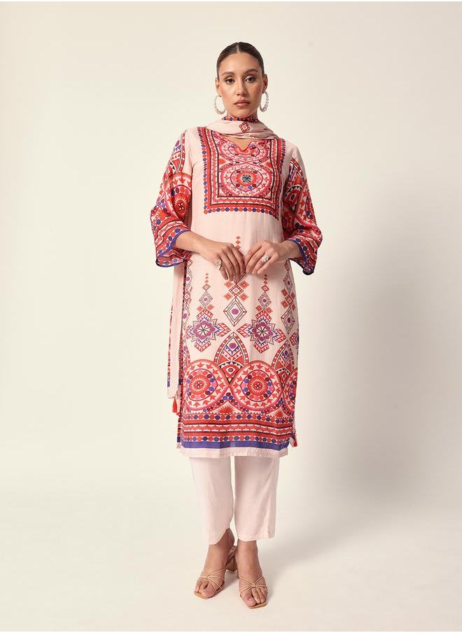 Women's Off White Muslin Textured Tunic Full Palazzo Regular Fit Kurta Set