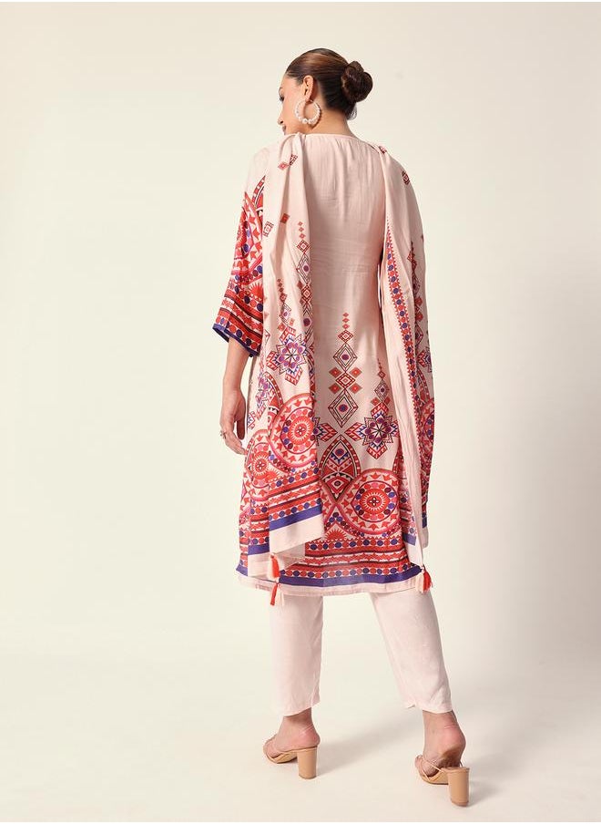 Women's Off White Muslin Textured Tunic Full Palazzo Regular Fit Kurta Set