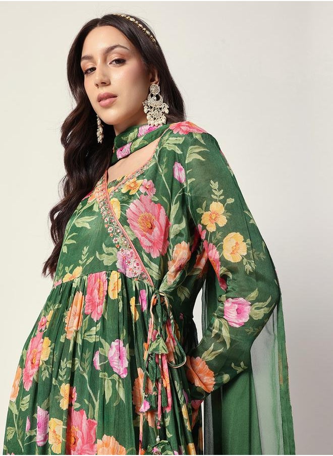 Women's Green Chiffon Textured Tunic Full Palazzo Regular Fit Kurta Set